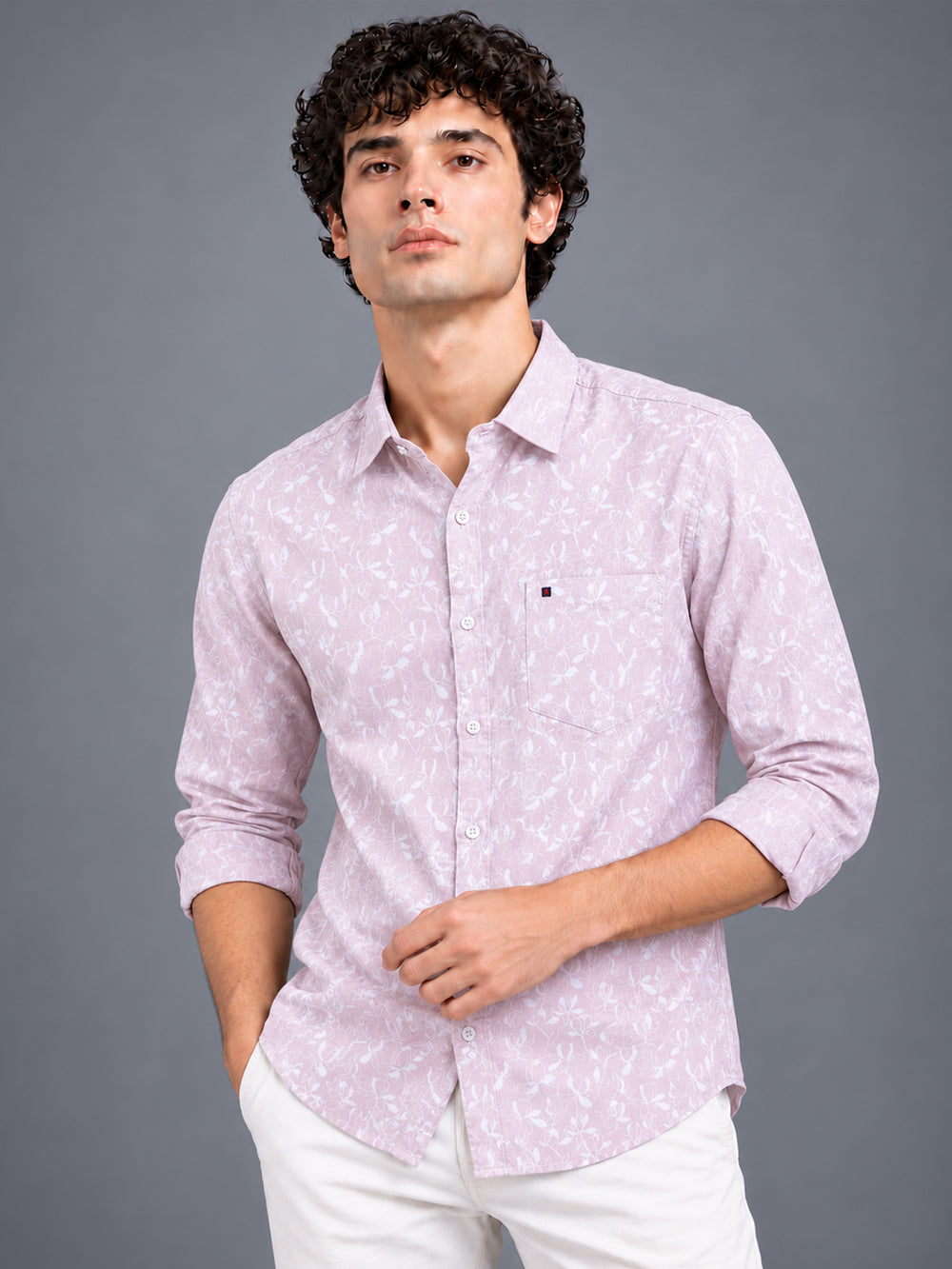 Men Mauve Floral Printed Slim Fit Casual Shirt