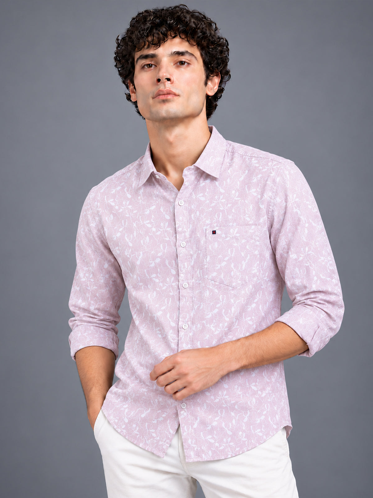 Men Mauve Floral Printed Slim Fit Casual Shirt