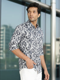 Men Blue Printed Full Sleeve Slim Fit Casual Shirt