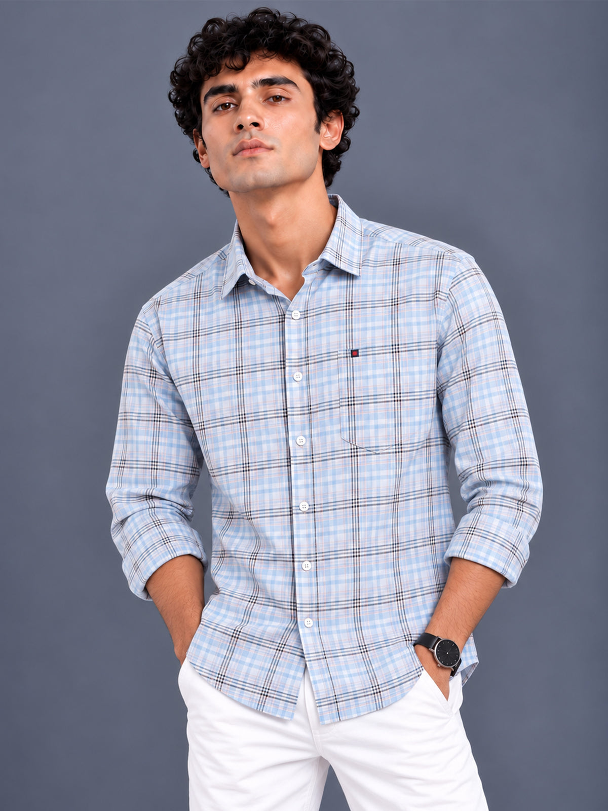 Men's Blue Slim Fit Checked Casual Shirt