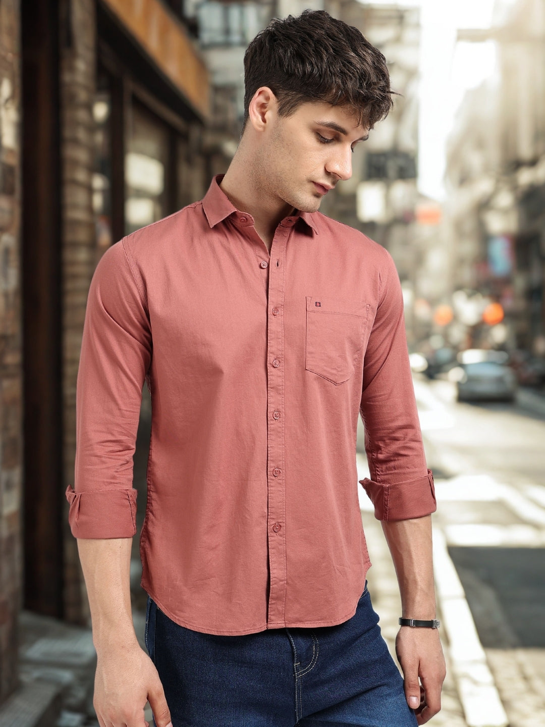 Dusty Pink Solid Slim Fit Casual Shirts