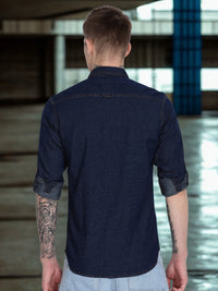 Navy Plain Slim Fit Full Sleeve Denim Casual Shirt
