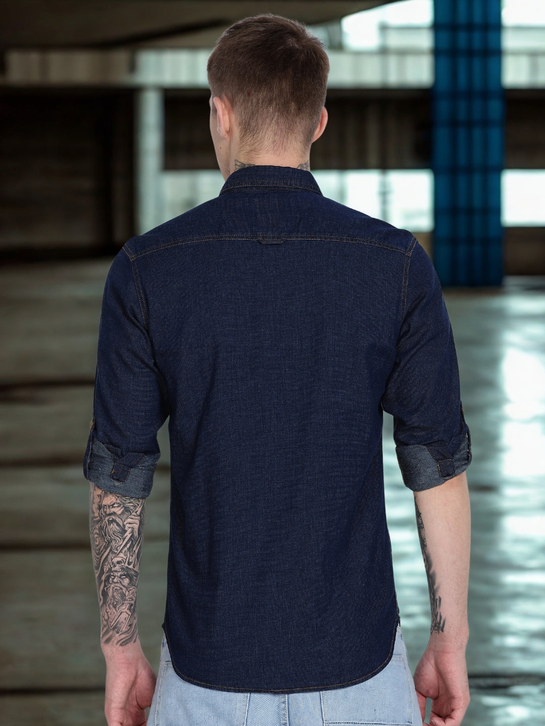 Navy Plain Slim Fit Full Sleeve Denim Casual Shirt