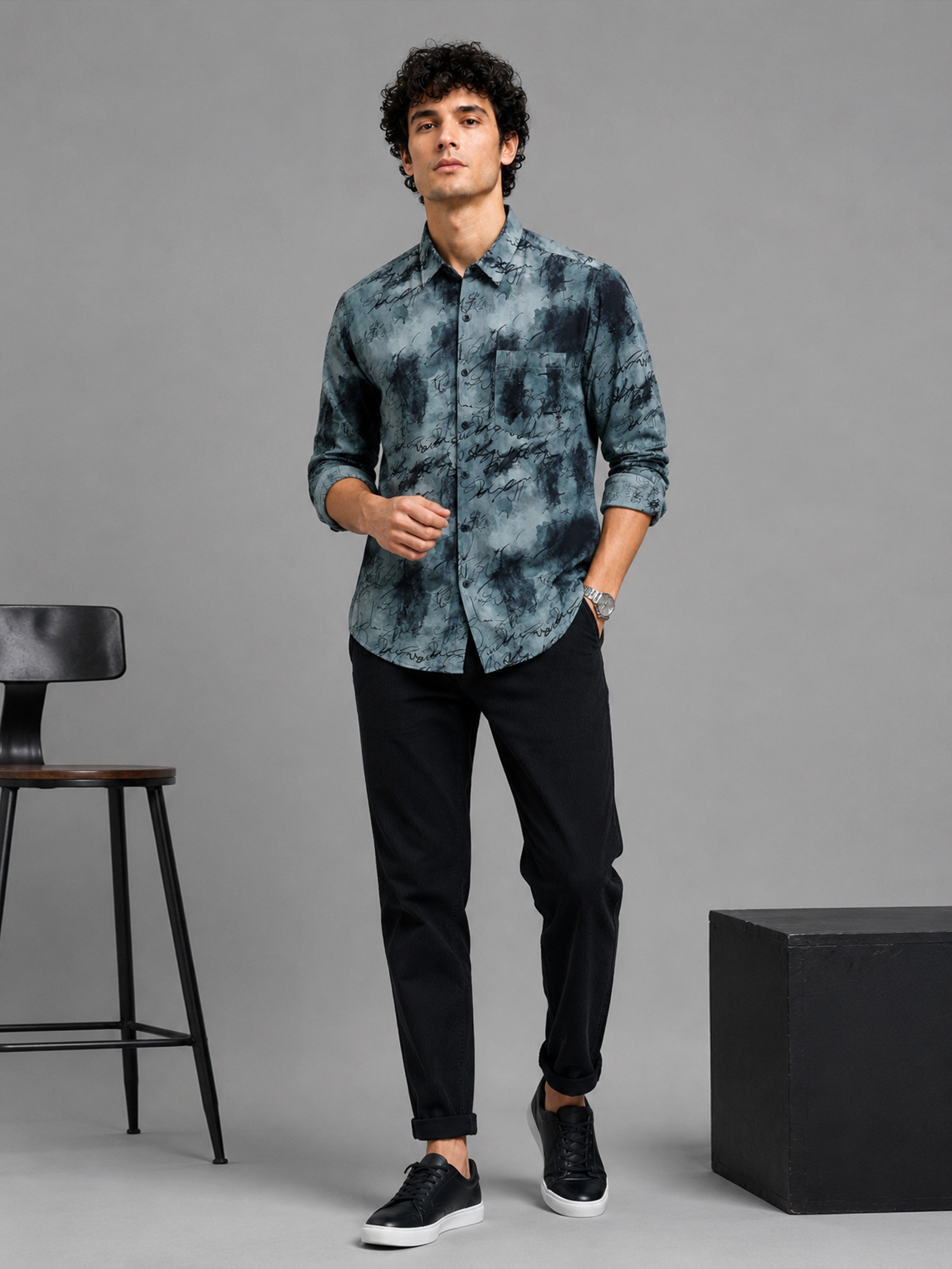 Men Grey Slim Fit Printed Full Sleeve Casual Shirt