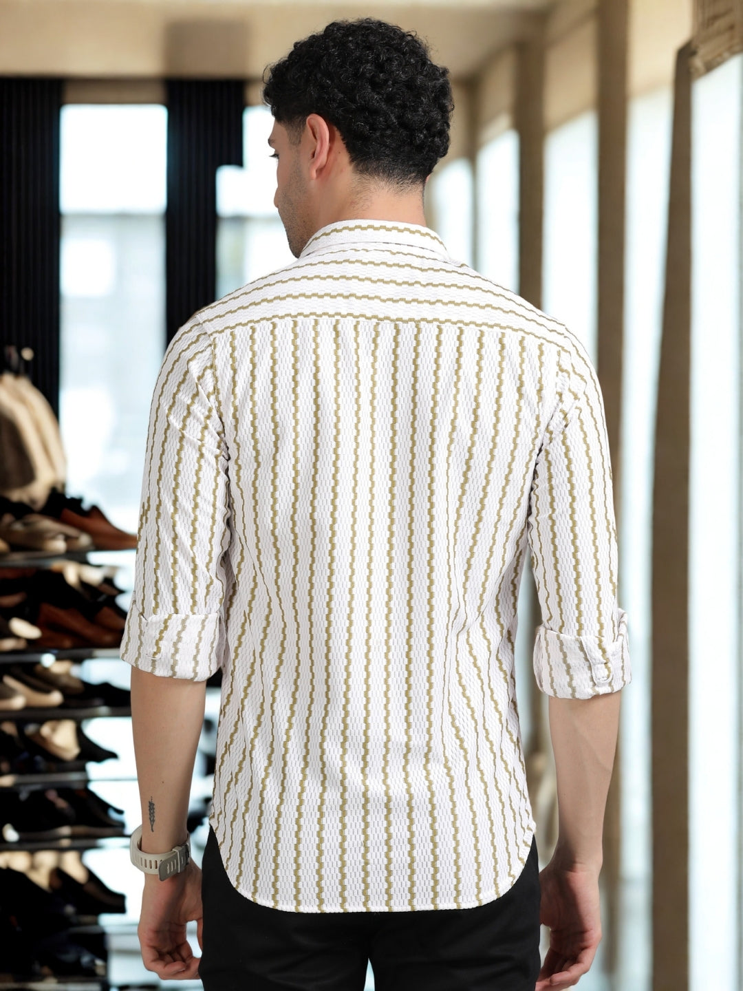 Men Cream Full Sleeve knitted Dobby Casual Shirt