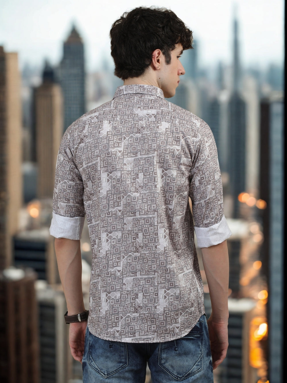 Men Light Peach Slim Fit Digital Printed  Full Sleeve Casual Shirt