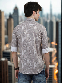 Men Light Peach Slim Fit Digital Printed  Full Sleeve Casual Shirt