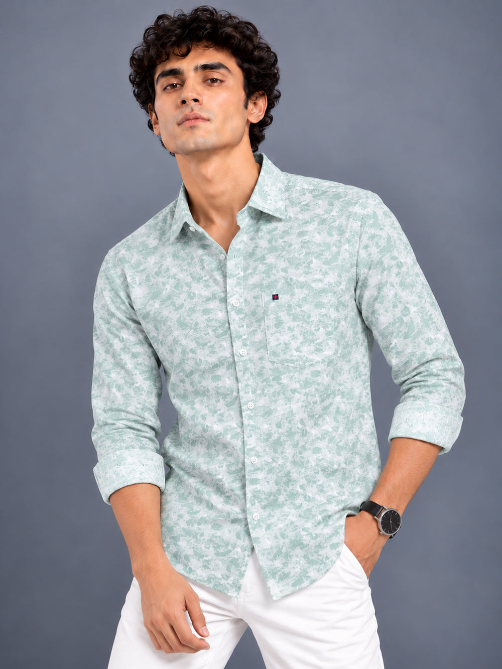 Men’s Sage Green Slim Fit Floral Printed Casual Shirt