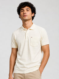 Men’s Off White Textured Knit Solid Casual Polo Tshirt