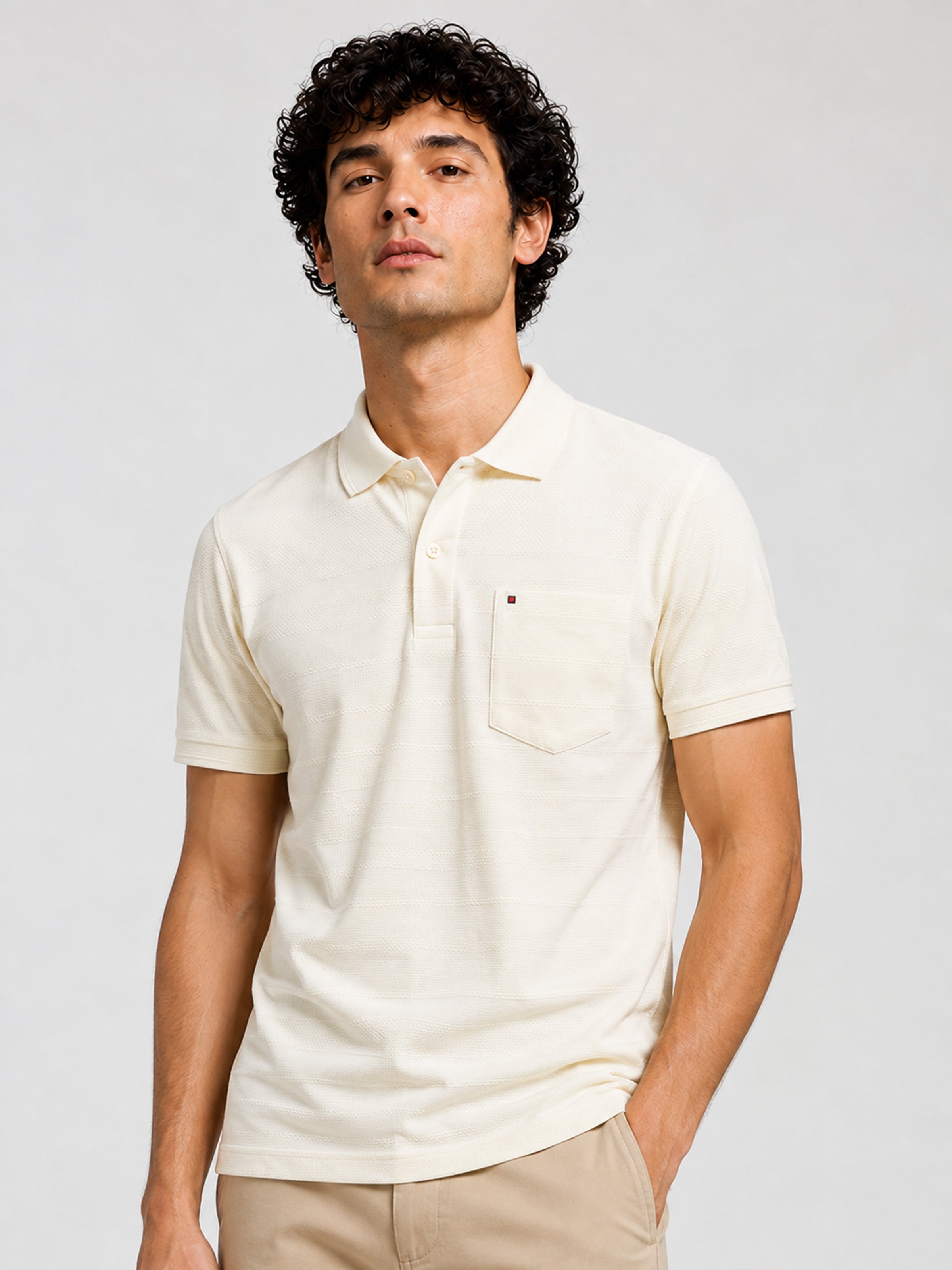 Men’s Off White Textured Knit Solid Casual Polo Tshirt