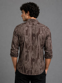 Men Brown Slim Fit Abstract Printed Full Sleeve Casual Shirt