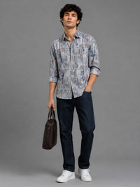 Men Beige Slim Fit Printed Full Sleeve Casual Shirt