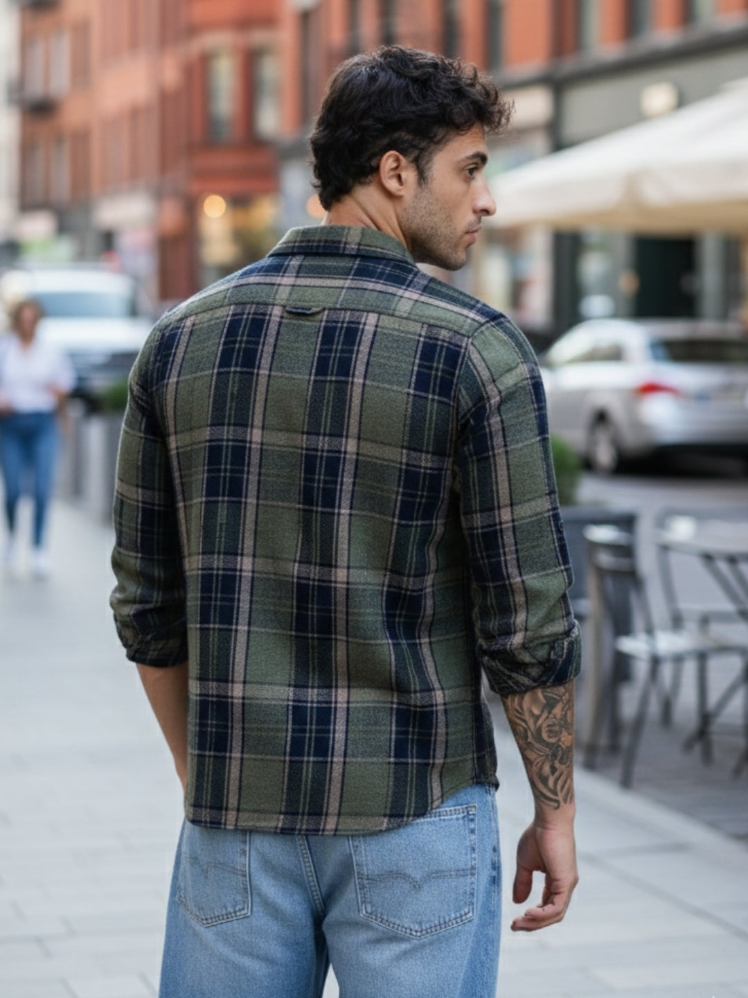 Olive Turquoise Textured Checks Slim Fit Double Pocket Full Sleeve Shirt