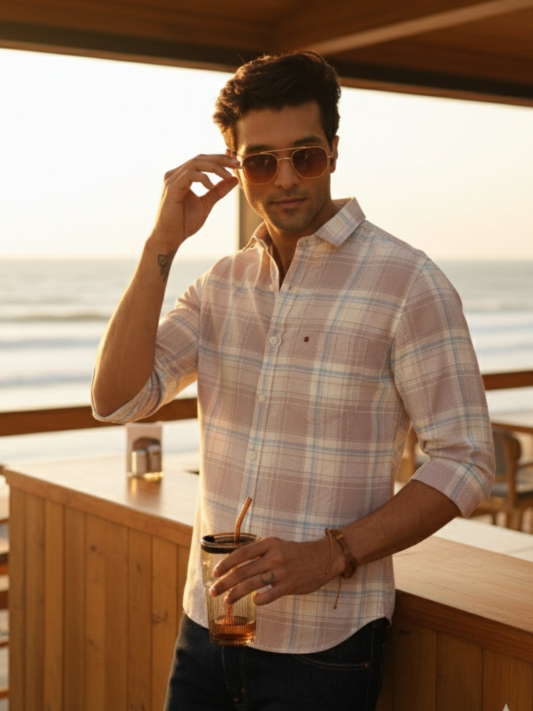 Men Peach Checked Full Sleeve Slim Fit Casual Shirt
