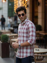 Men Brown Chess Square Check Full Sleeve Slim Fit Casual Shirts