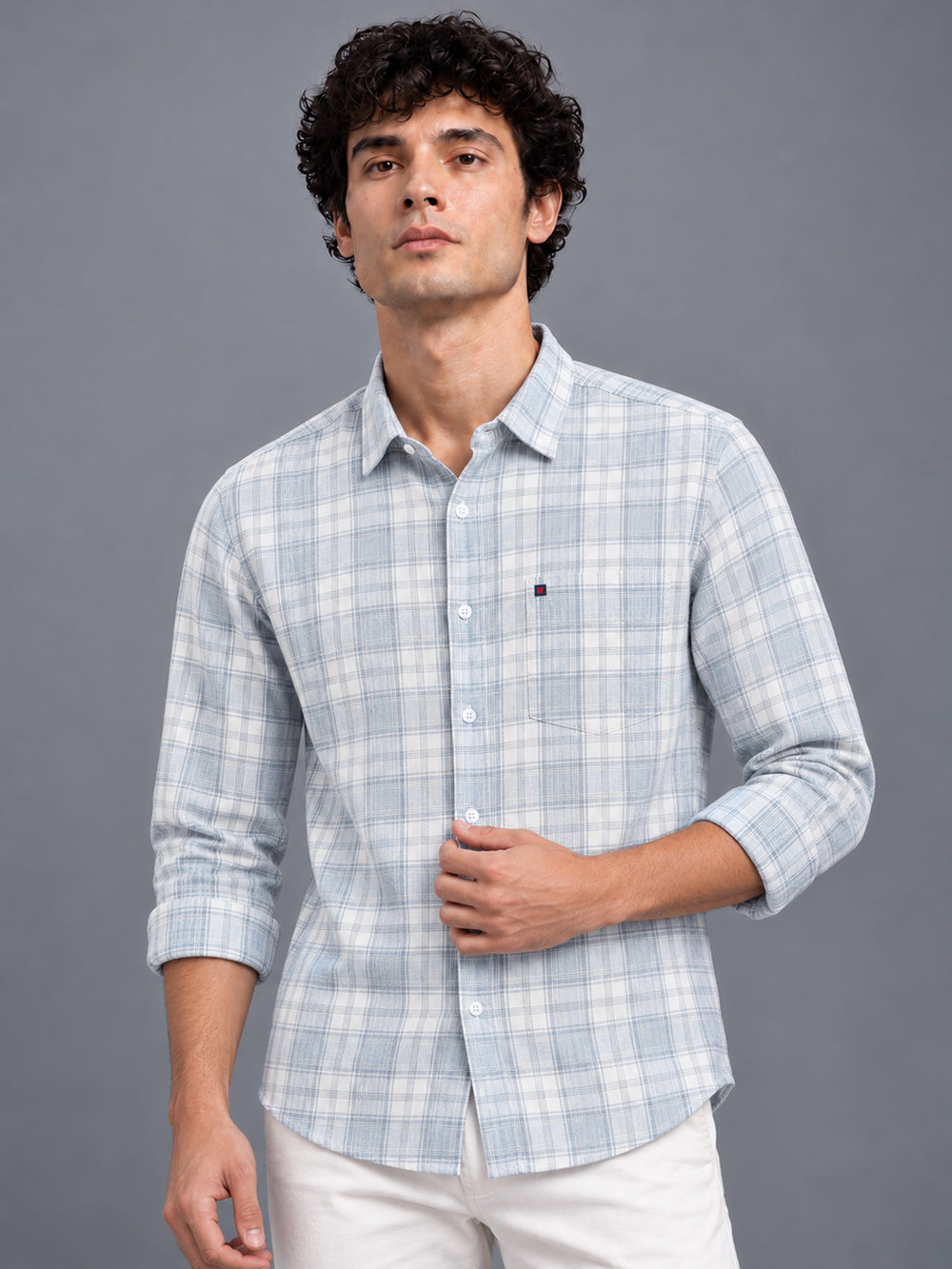 Men’s Grey Windowpane Checked Slim Fit Casual Shirt