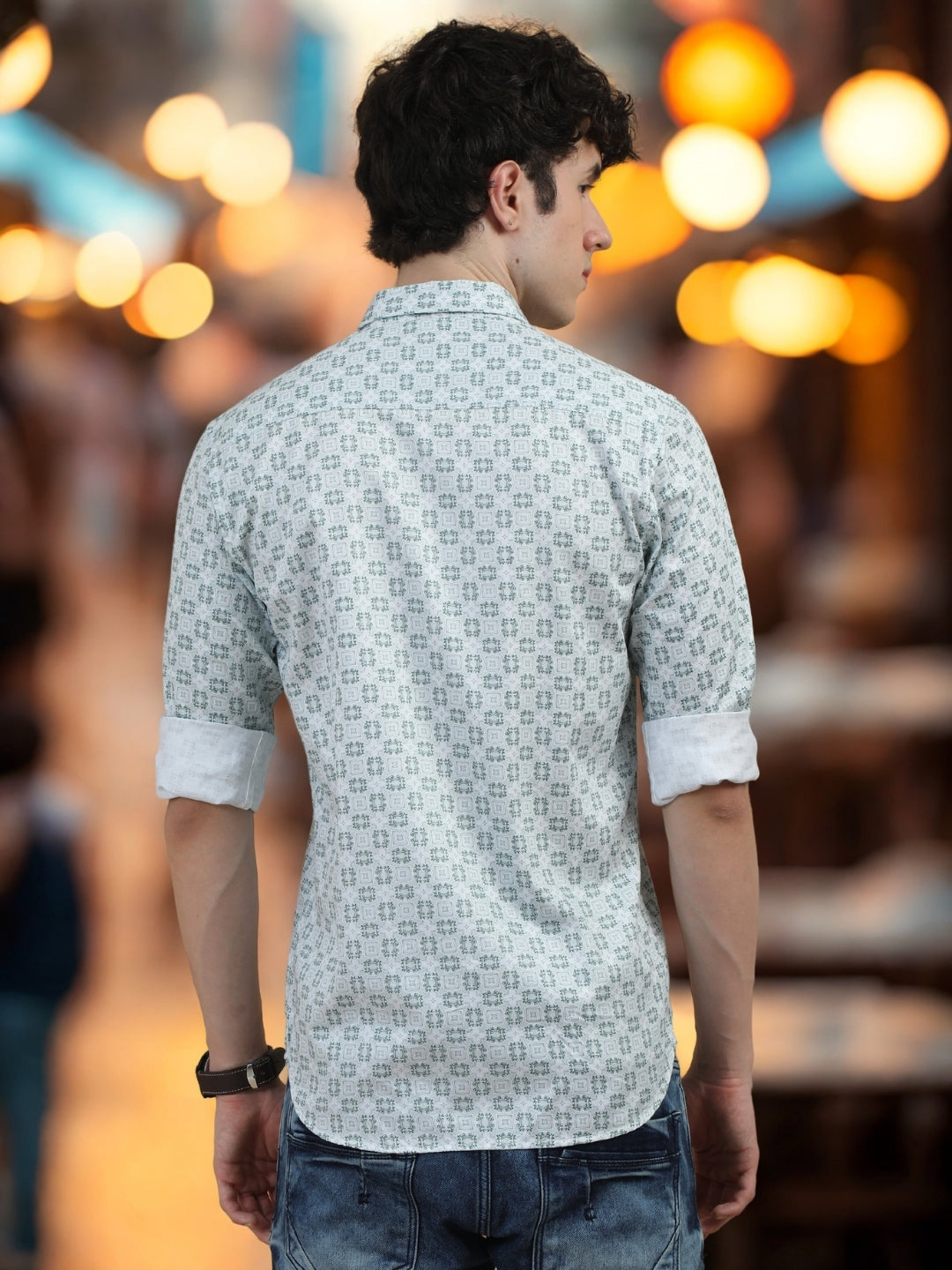 Men Light Green Slim Fit Printed Full Sleeve Casual Shirt