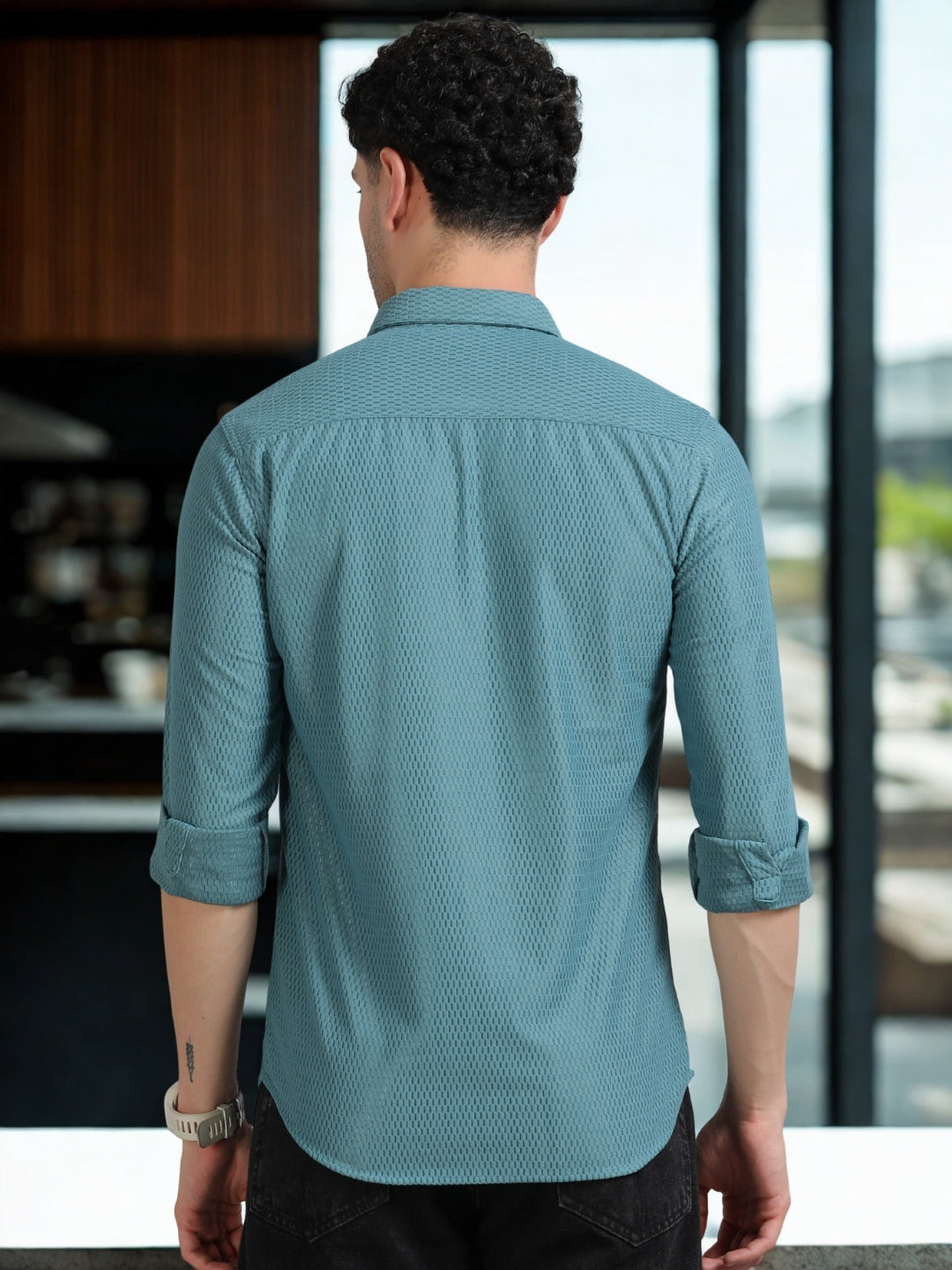 Men Green Full Sleeve knitted Dobby Casual Shirt