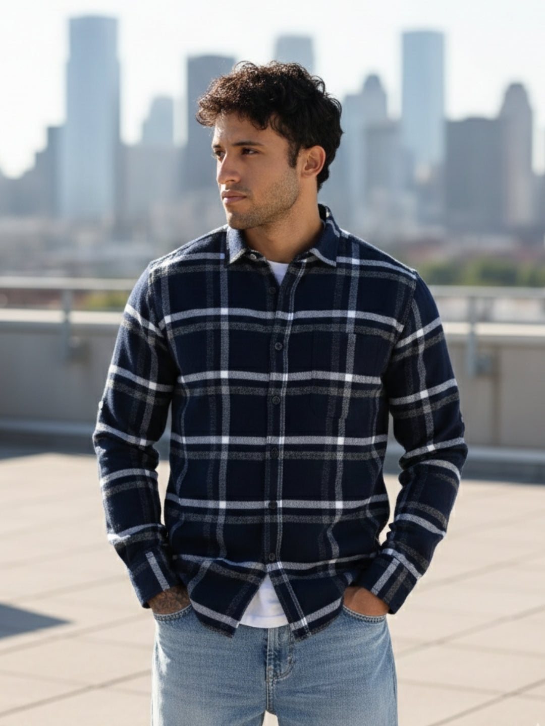 Men Navy Cotton Slim Fit Full Sleeve Checkered Shirt