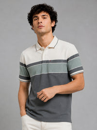 Men Green Slim Fit Color-Block Striped Jacquard Short Sleeves Polo Collar Smart-Casual T-Shirt with Chest Pocket