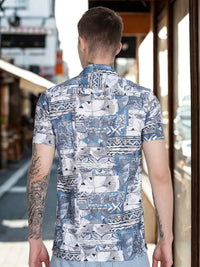 Blue Abstract Floral Print Slim Fit Half Sleeve Cuban Collar Shirt