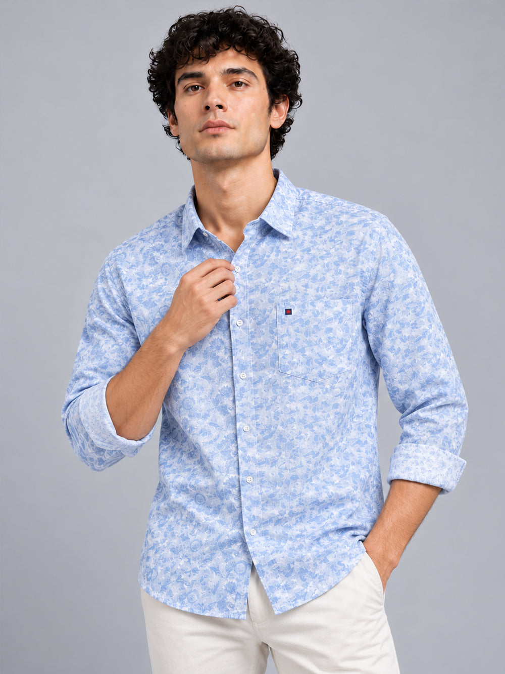 Men’s Sky Blue Slim Fit Floral Printed Casual Shirt