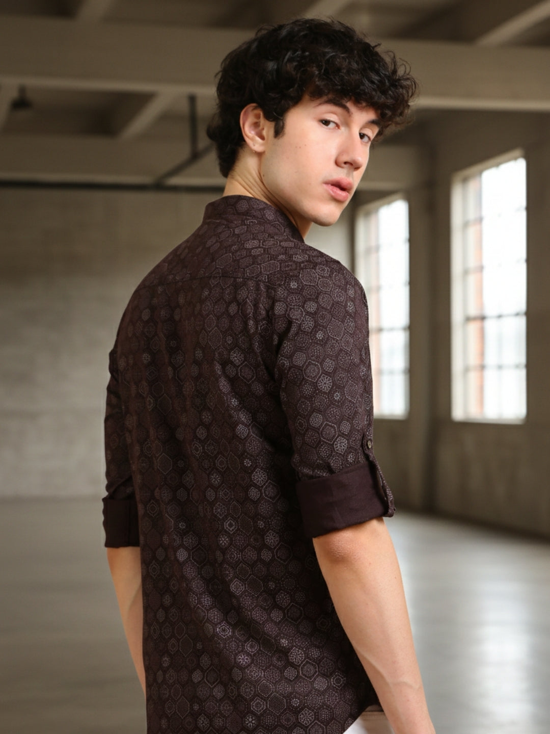 Men Maroon Slim Fit Printed Full Sleeve Casual Kurta Shirt