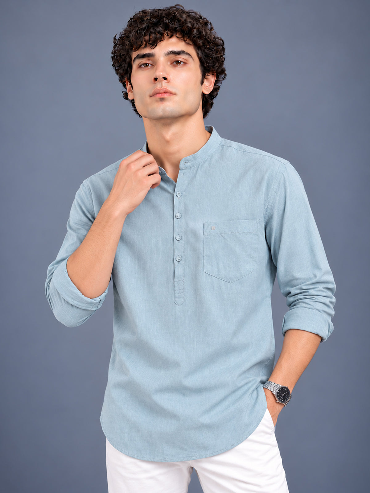 Men Grey Slim Fit Solid Linen Texture Casual Kurta Shirt