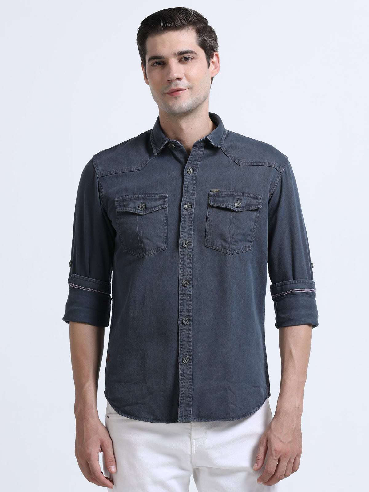 Shop Men's Dark Grey RFD Denim Slim Fit Full Sleeve Casual Shirt Online.