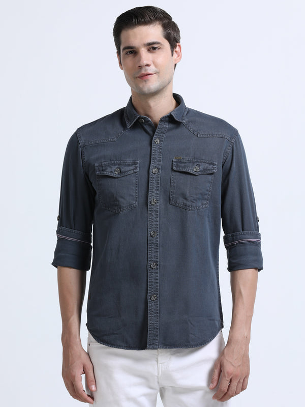 Men's Dark Grey RFD Denim Slim Fit Full Sleeve Casual Shirt