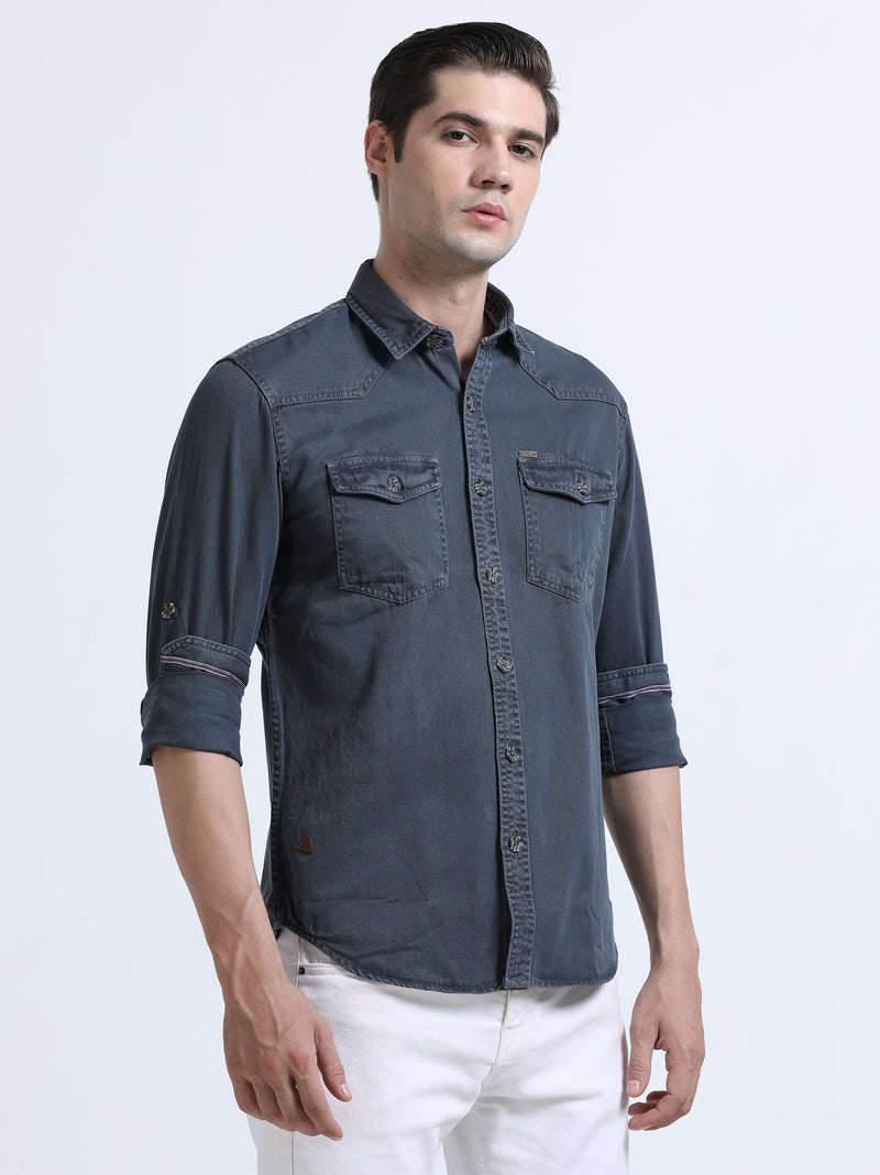 Shop Men's Dark Grey RFD Denim Slim Fit Full Sleeve Casual Shirt Online.