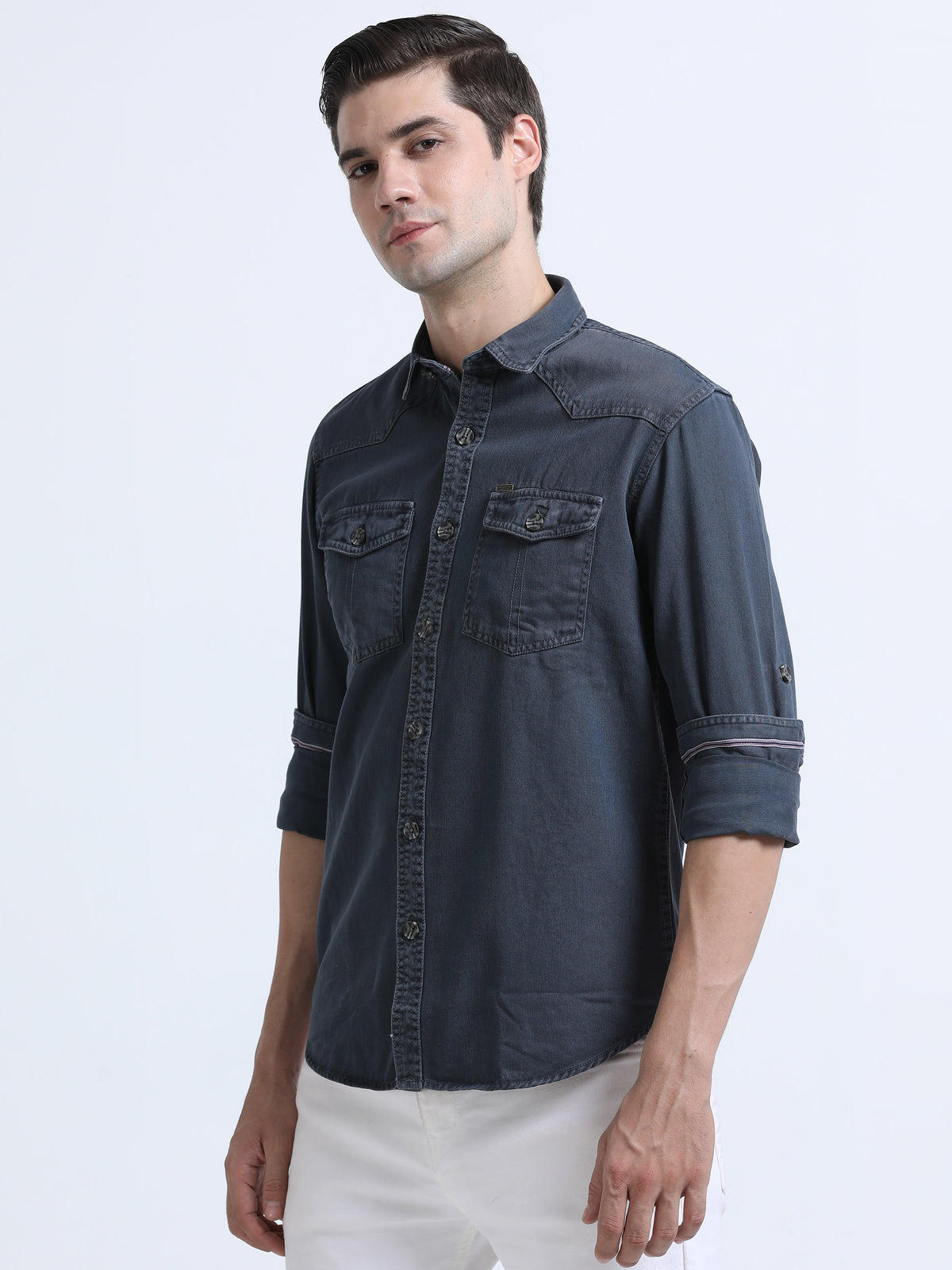 Shop Men's Dark Grey RFD Denim Slim Fit Full Sleeve Casual Shirt Online.