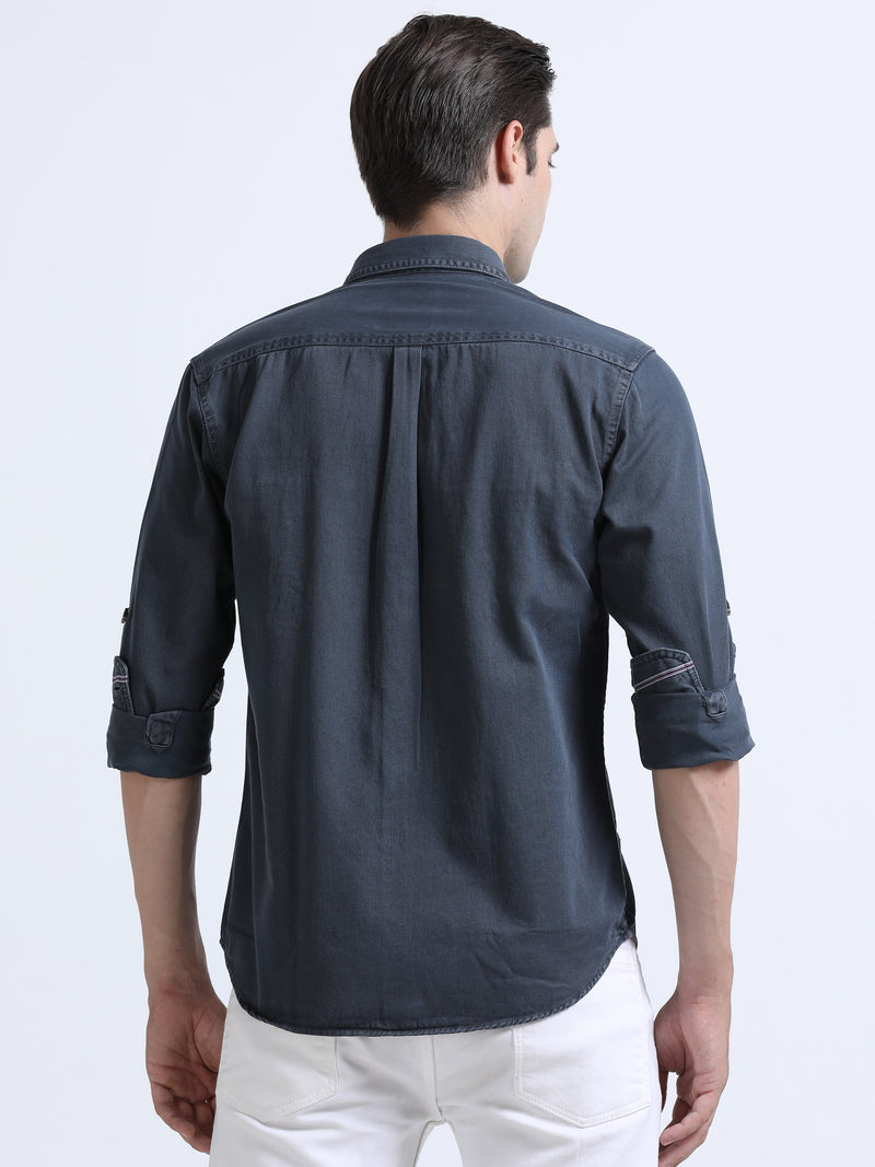 Shop Men's Dark Grey RFD Denim Slim Fit Full Sleeve Casual Shirt Online.