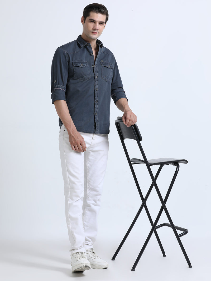 Shop Men's Dark Grey RFD Denim Slim Fit Full Sleeve Casual Shirt Online.