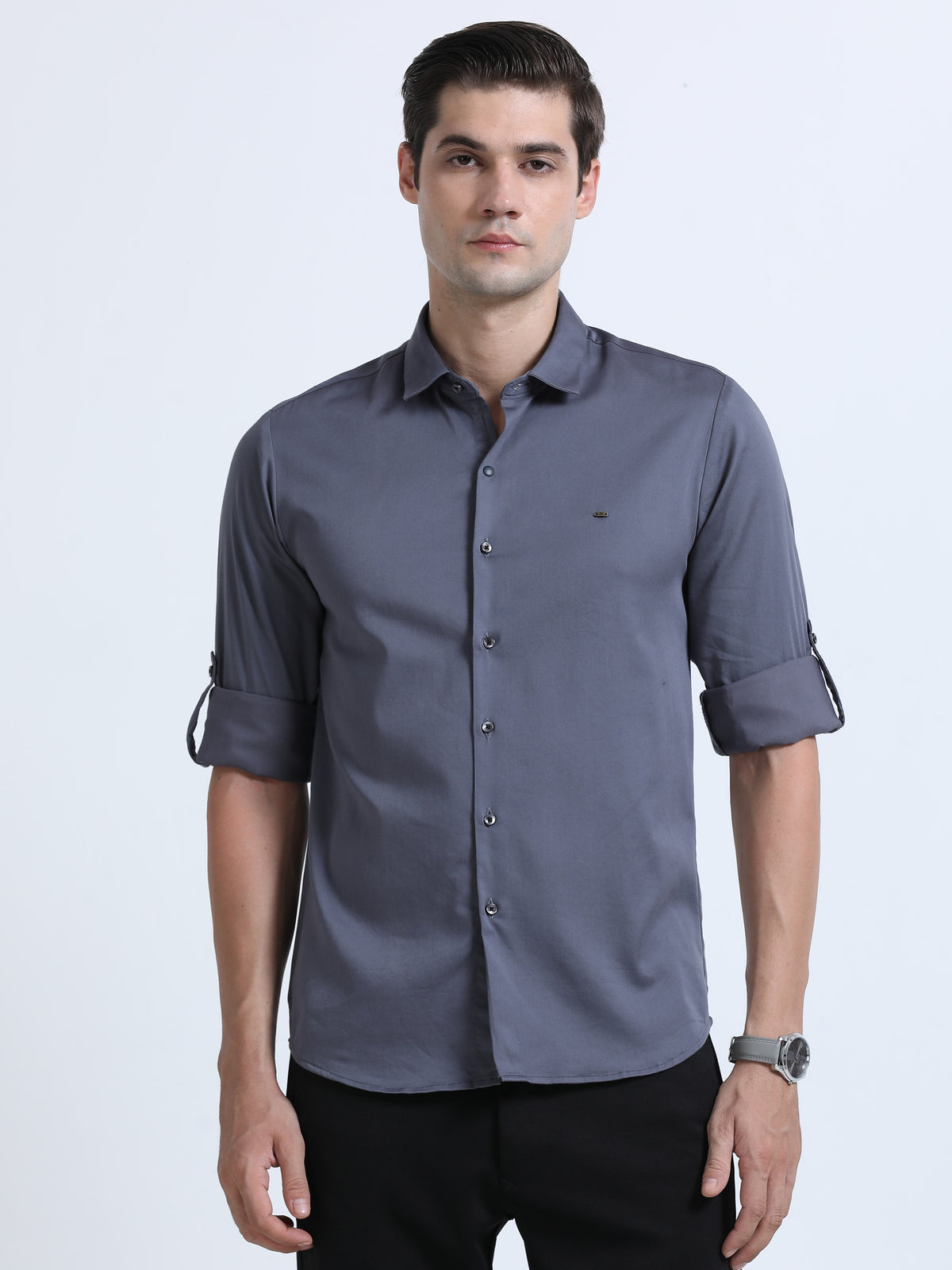 Shop Men's Grey Slim Fit Solid Satin Casual Shirt Online.