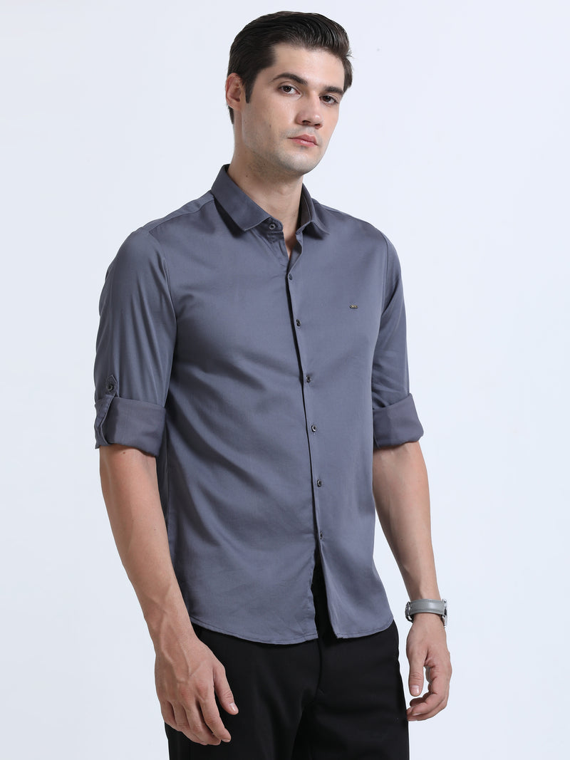 Shop Men's Grey Slim Fit Solid Satin Casual Shirt Online.