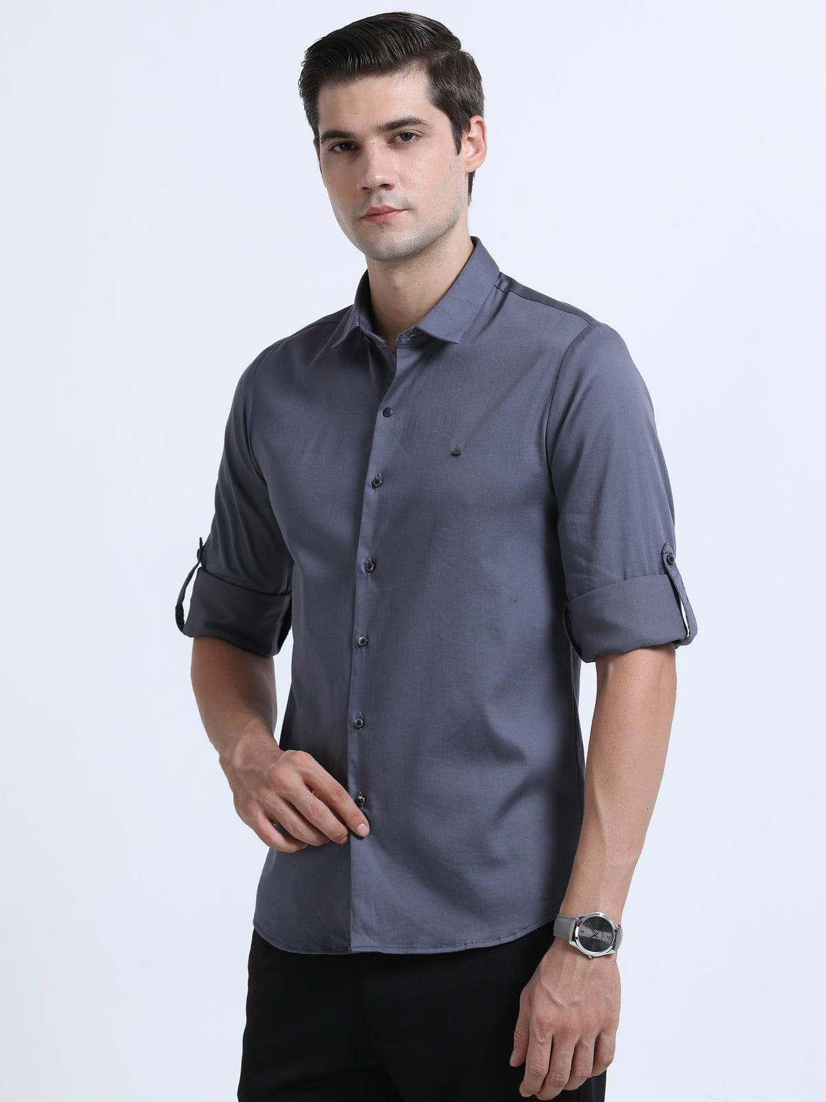 Shop Men's Grey Slim Fit Solid Satin Casual Shirt Online.