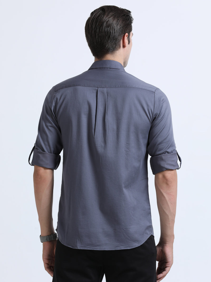 Shop Men's Grey Slim Fit Solid Satin Casual Shirt Online.