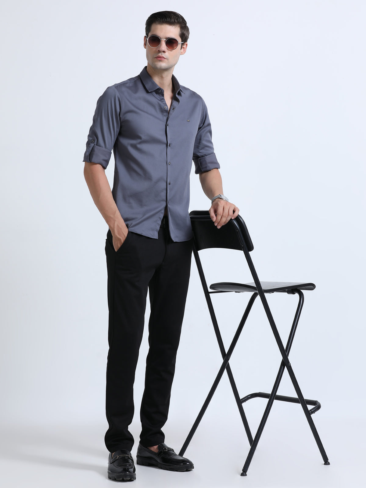 Shop Men's Grey Slim Fit Solid Satin Casual Shirt Online.