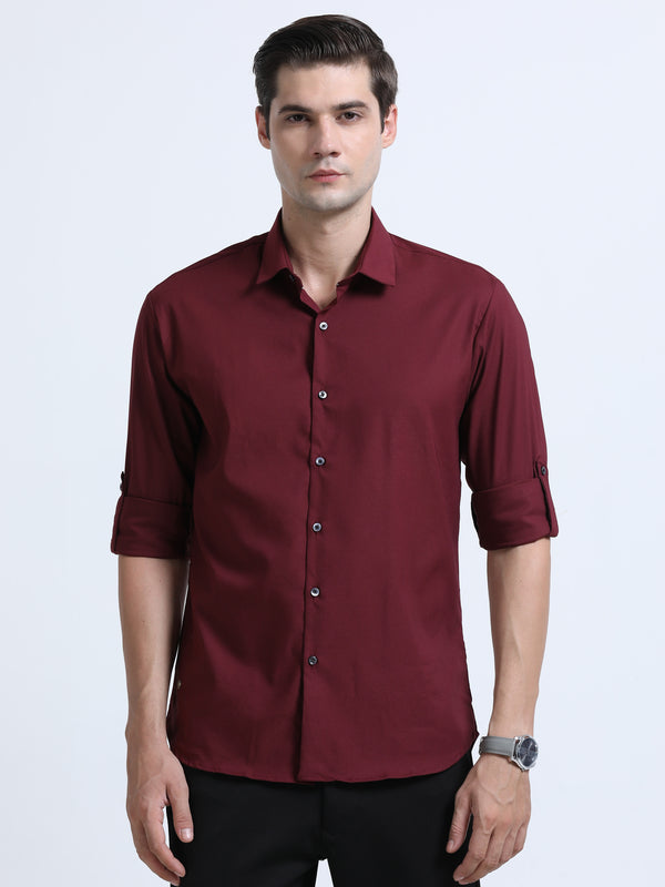 Men's Red Slim Fit Solid Full Sleeve Satin Casual Shirt