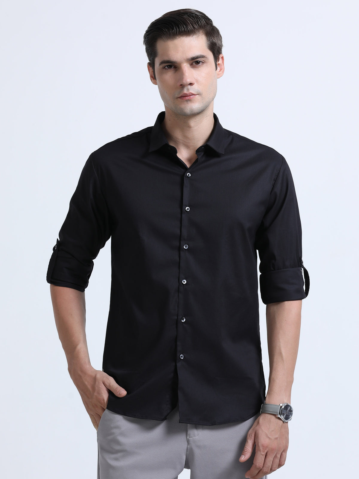 Shop Men's Black Slim Fit Solid Satin Casual Shirt Online.