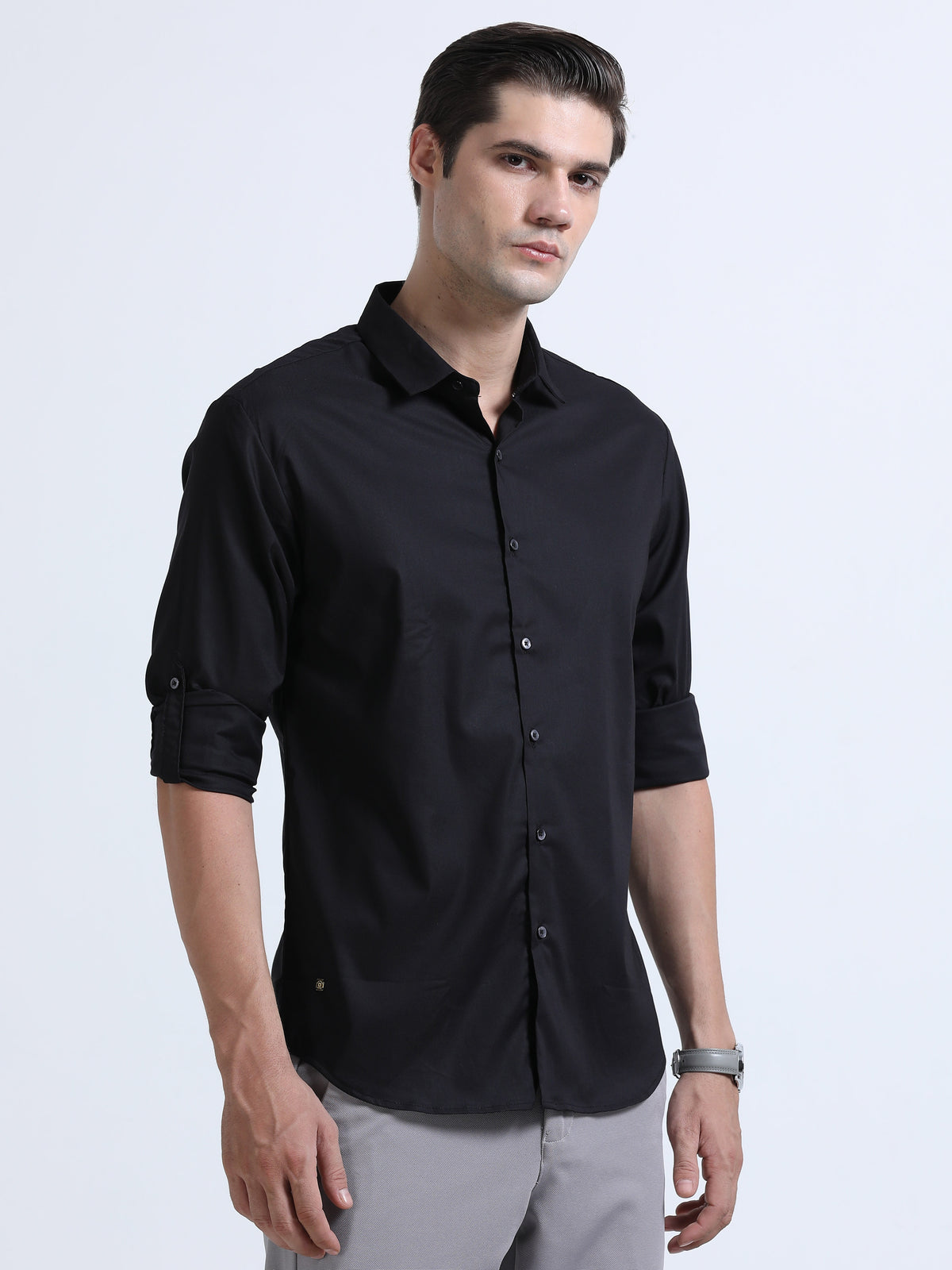 Shop Men's Black Slim Fit Solid Satin Casual Shirt Online.