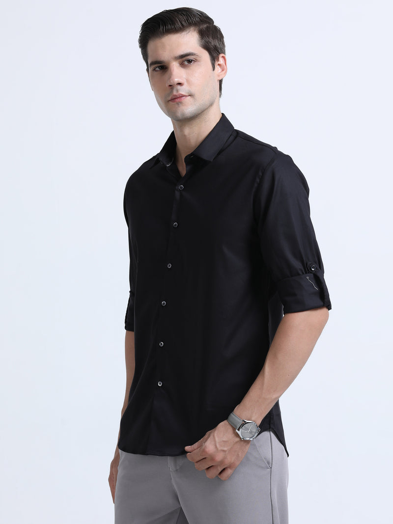 Shop Men's Black Slim Fit Solid Satin Casual Shirt Online.