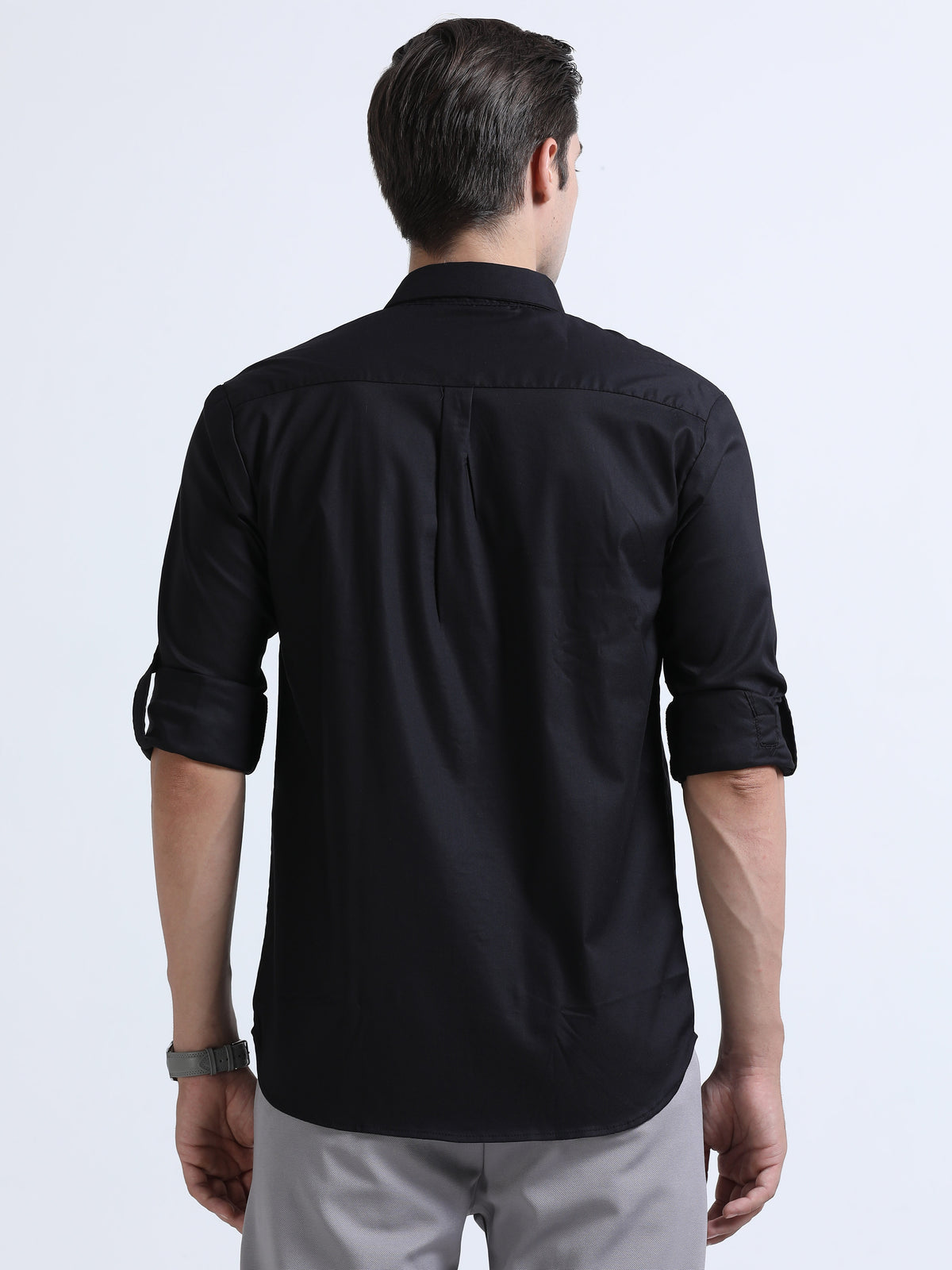 Shop Men's Black Slim Fit Solid Satin Casual Shirt Online.