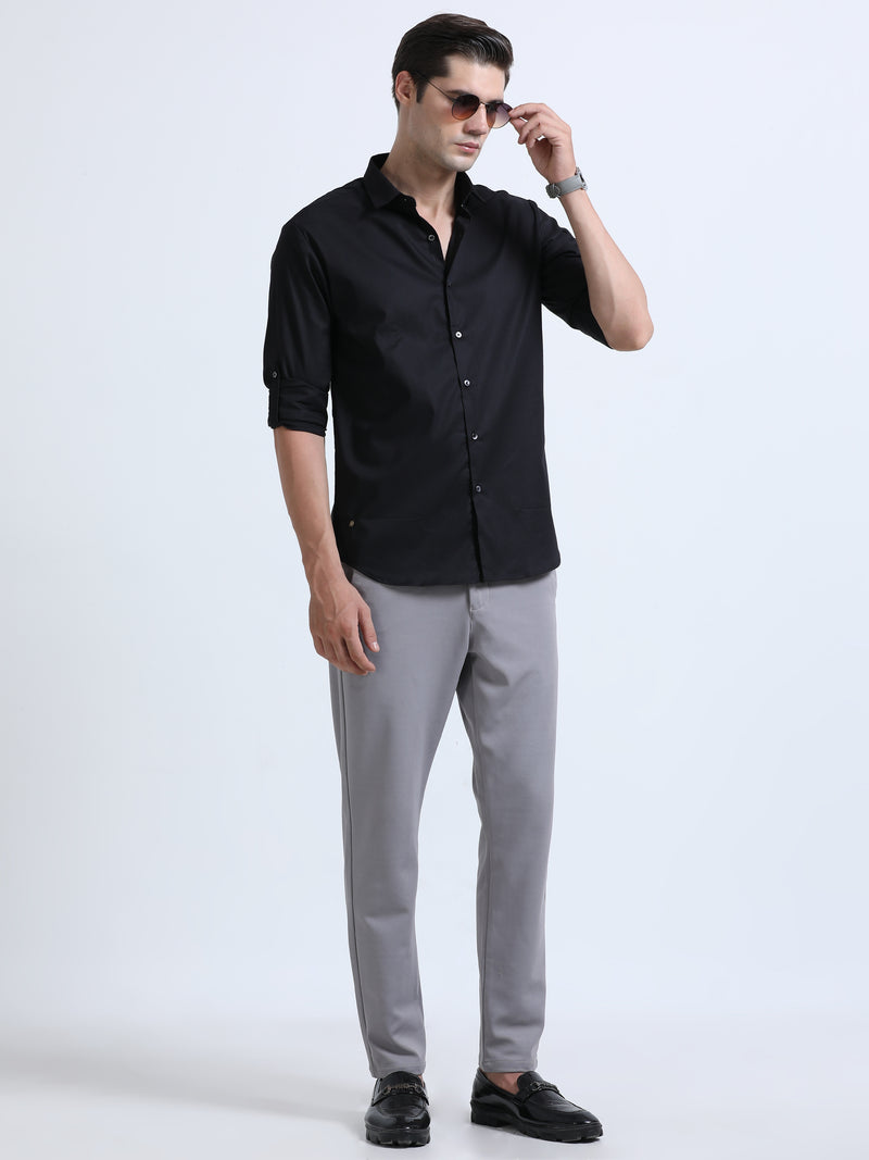 Shop Men's Black Slim Fit Solid Satin Casual Shirt Online.