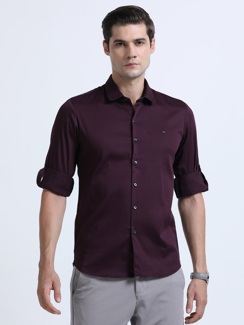 Shop Men's Wine Slim Fit Solid Satin Casual Shirt Online.