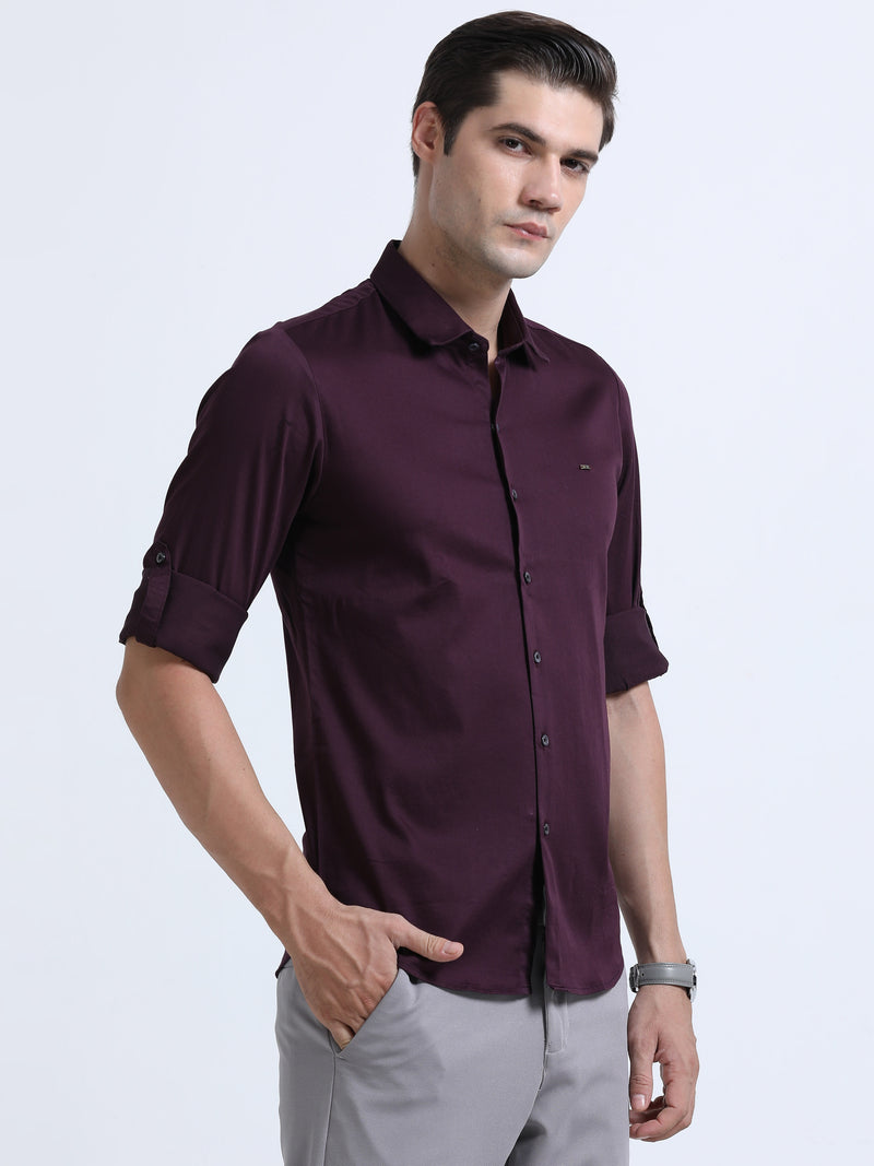 Shop Men's Wine Slim Fit Solid Satin Casual Shirt Online.