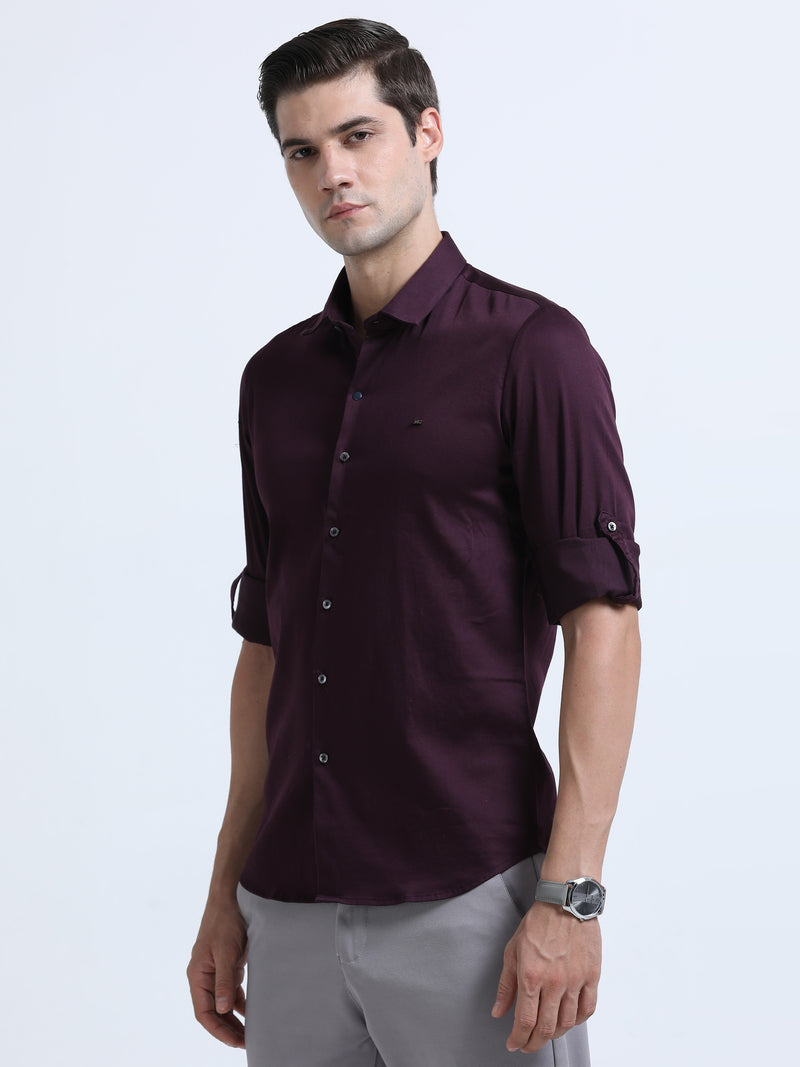 Shop Men's Wine Slim Fit Solid Satin Casual Shirt Online.