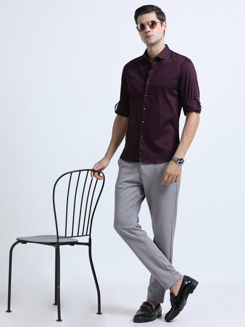 Shop Men's Wine Slim Fit Solid Satin Casual Shirt Online.