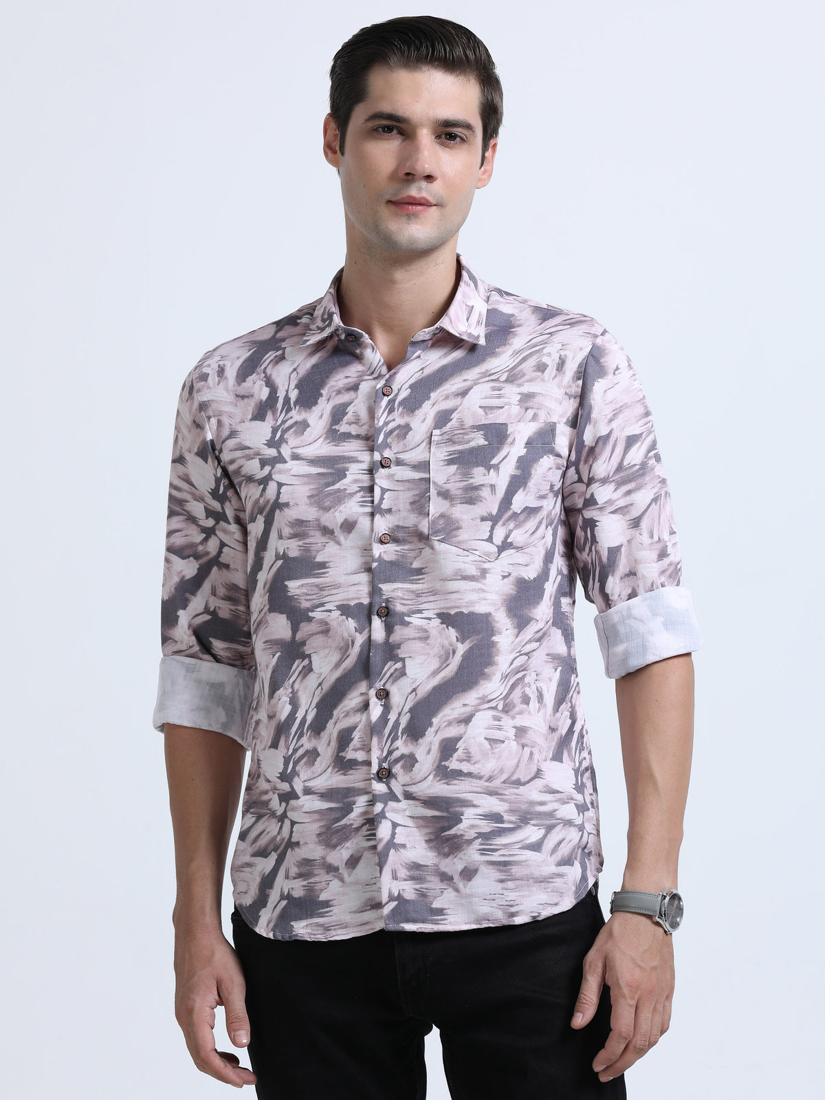 Shop Men's Cream Printed Casual Slim Fit Shirt Online.